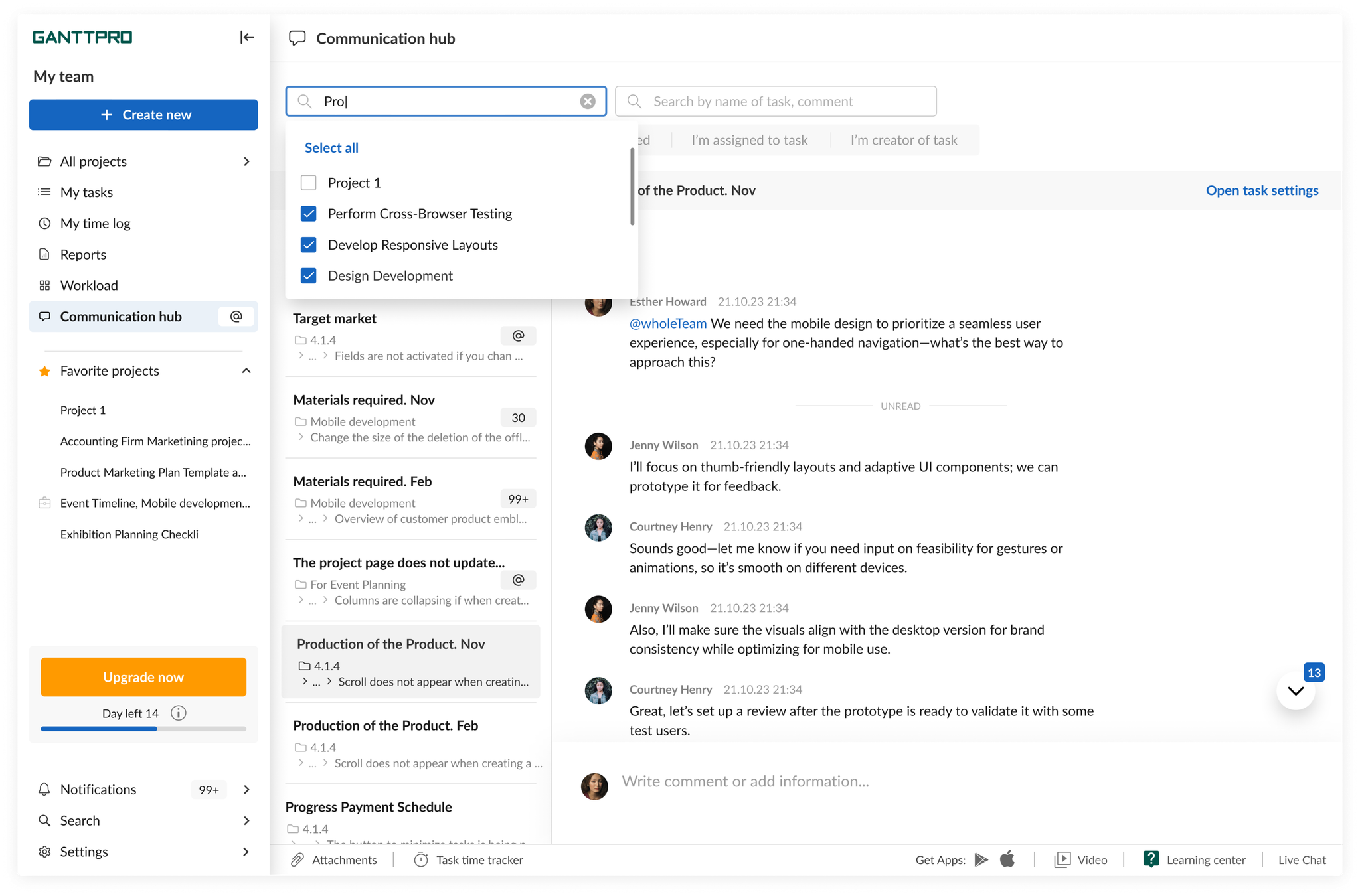 Communication Hub — full feature view
