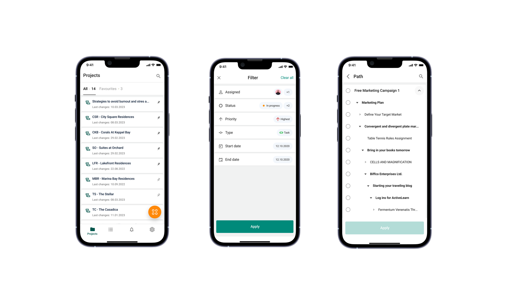 Final mobile screens — time logging and project overview