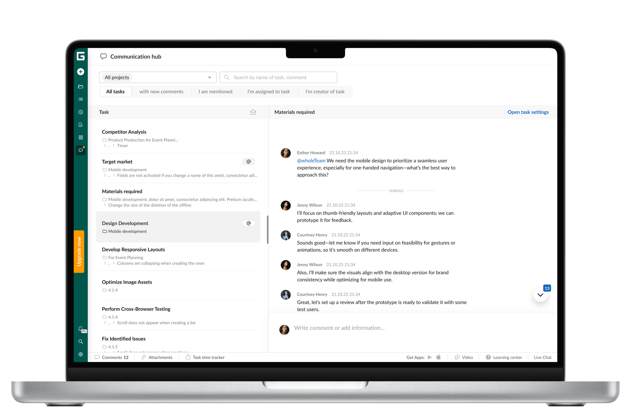 Communication panel — task-level comments
