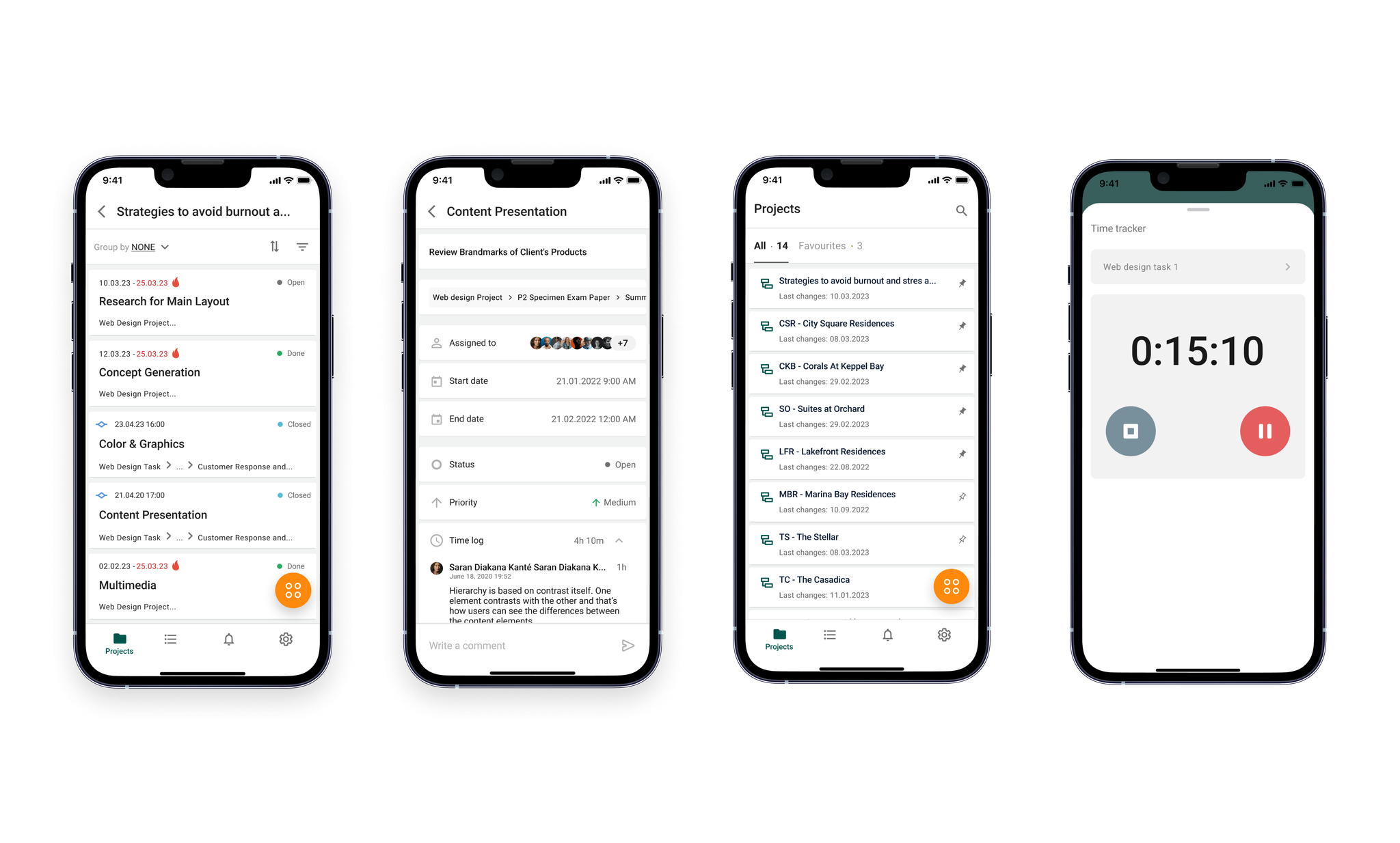 Final mobile app screens — task management, time logging, attachments, notifications